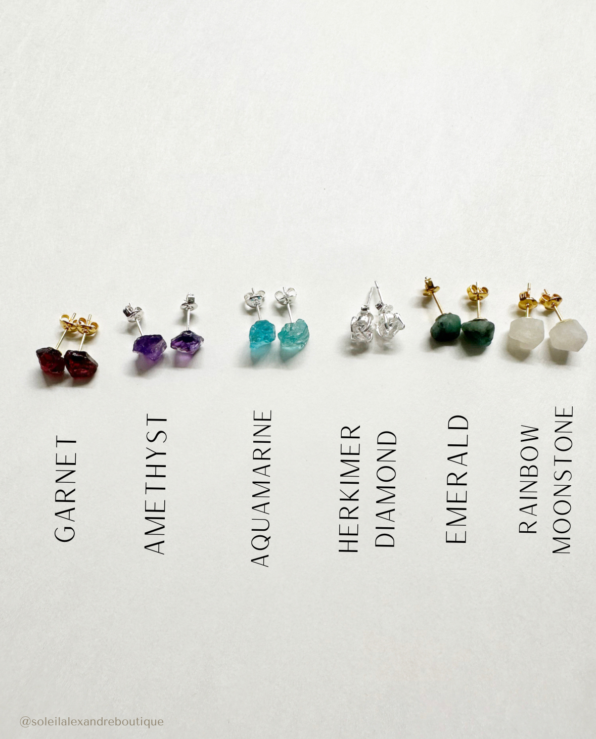 Photo of labeled January - June birthstone stud earrings.