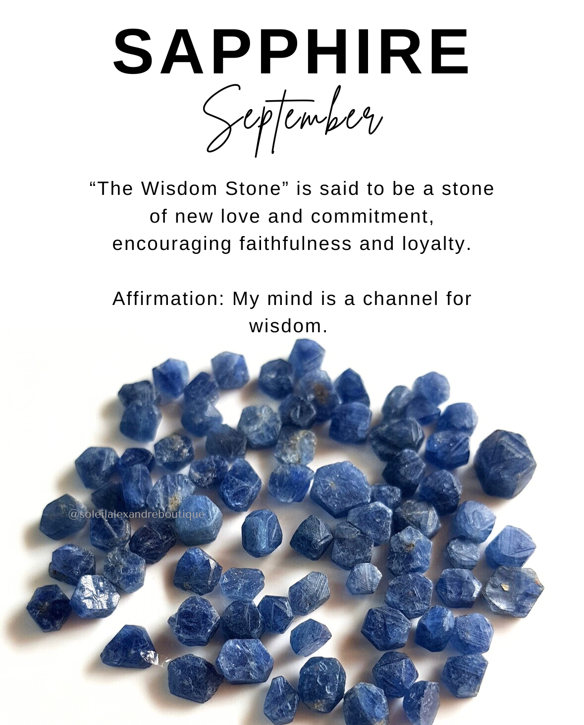 Sapphire information card with affirmation.