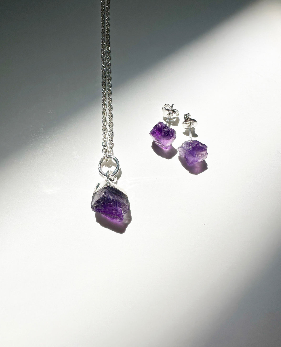 Raw Birthstone Earring & Necklace Set (Silver)