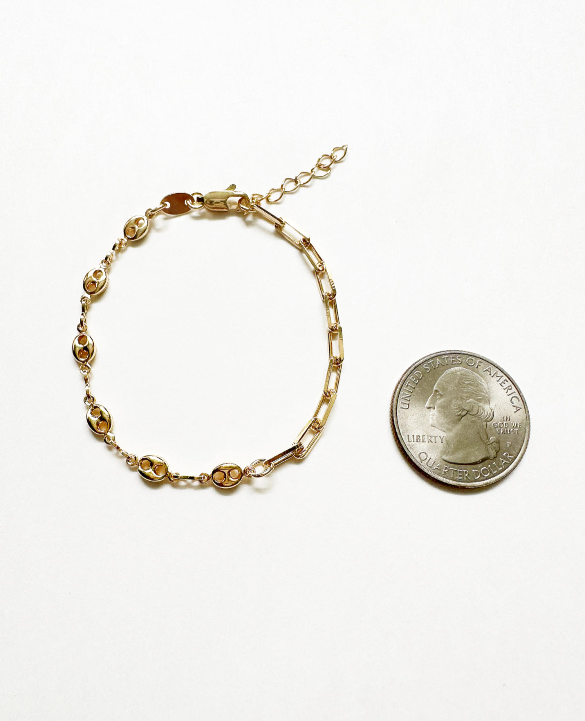 Glow Bracelet next to a quarter for size comparison.