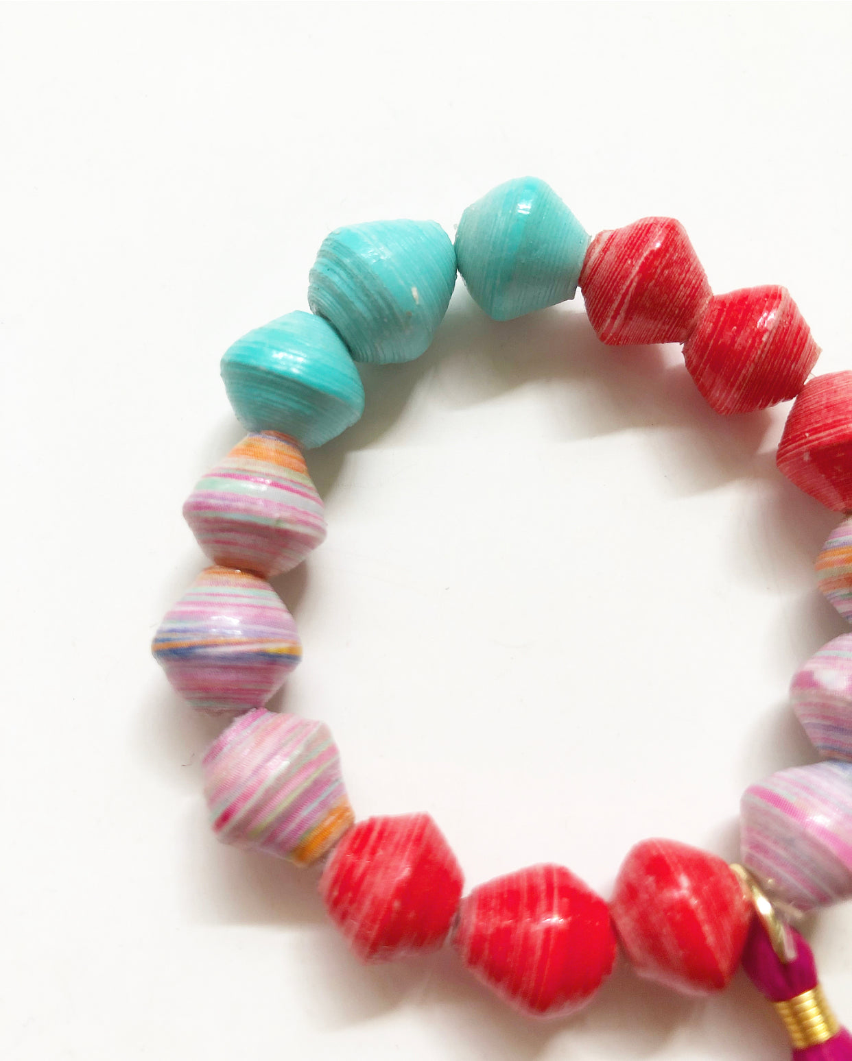 Close-up view of bead details on bracelet.