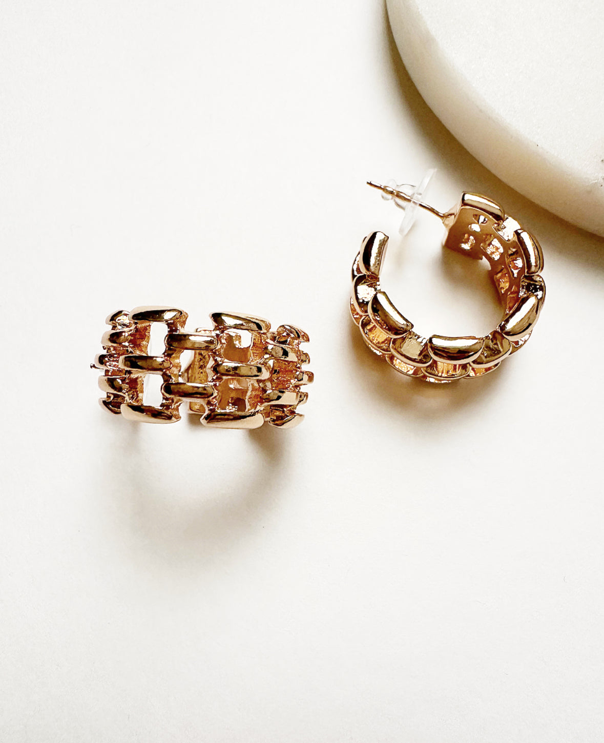 Gold-plated copper alloy Betty Hoops with wide box chain detail.