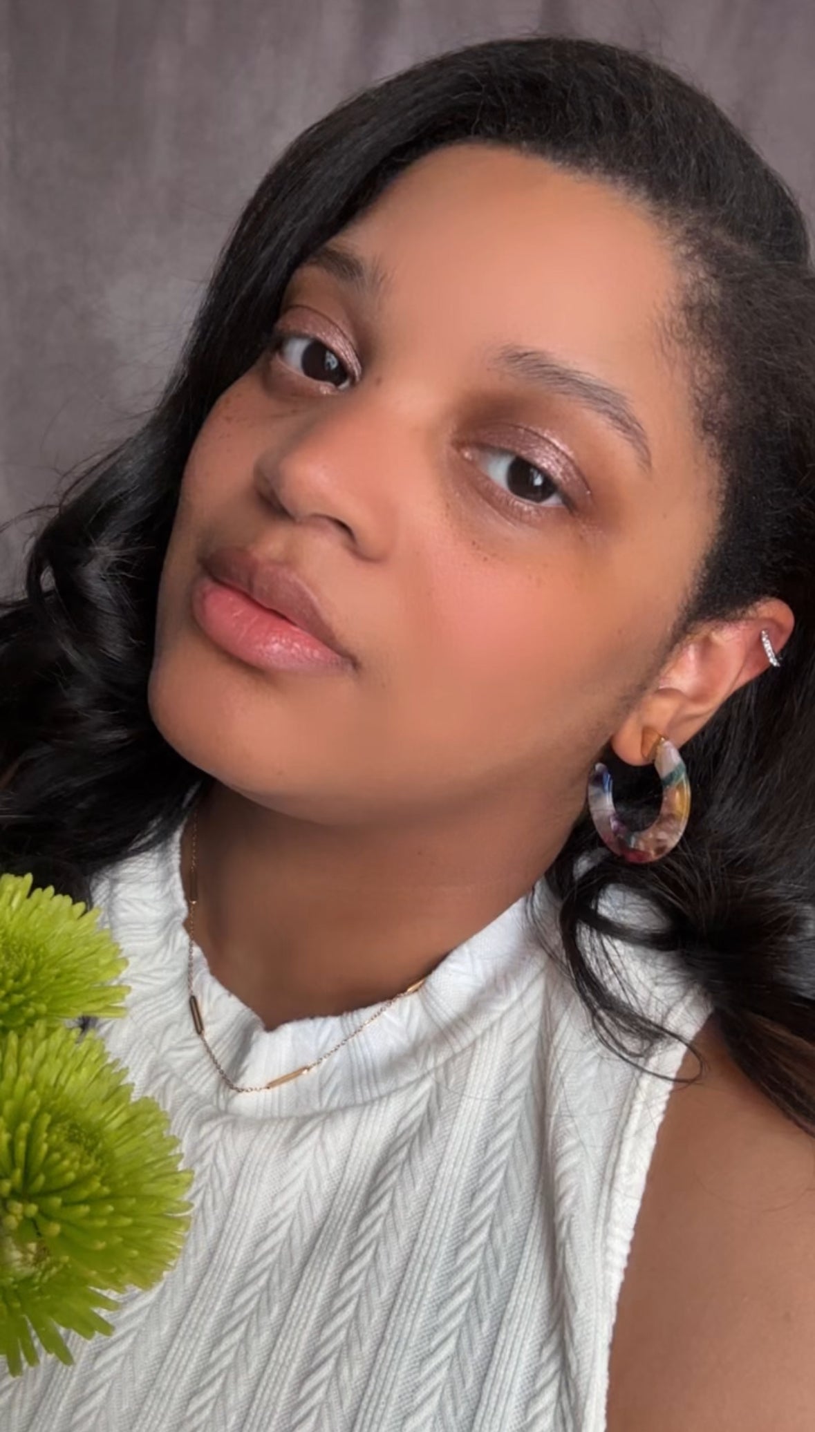 Model shown wearing our Leilani Hoops in Tropicana Pink.