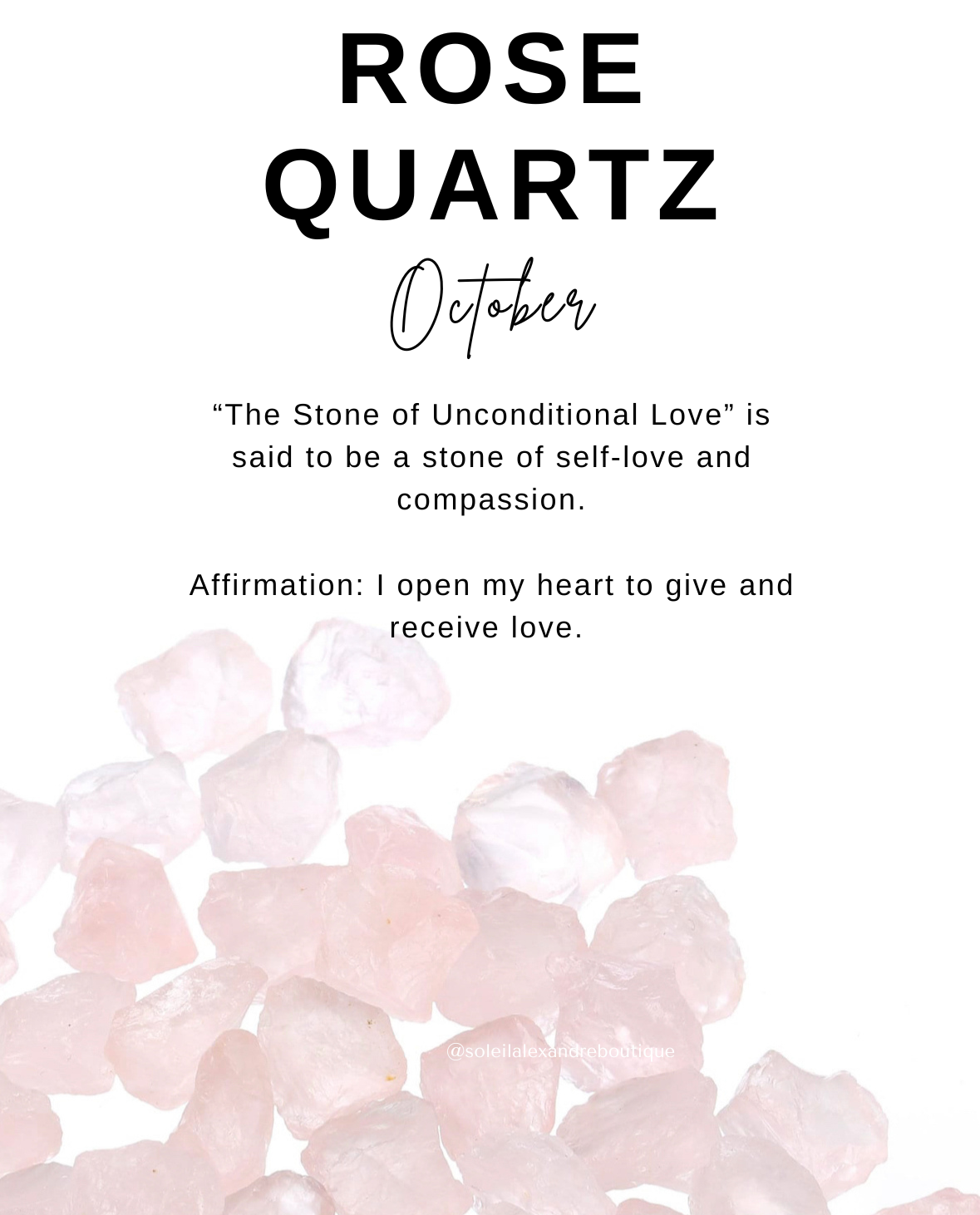 Rose Quartz information card with affirmation.