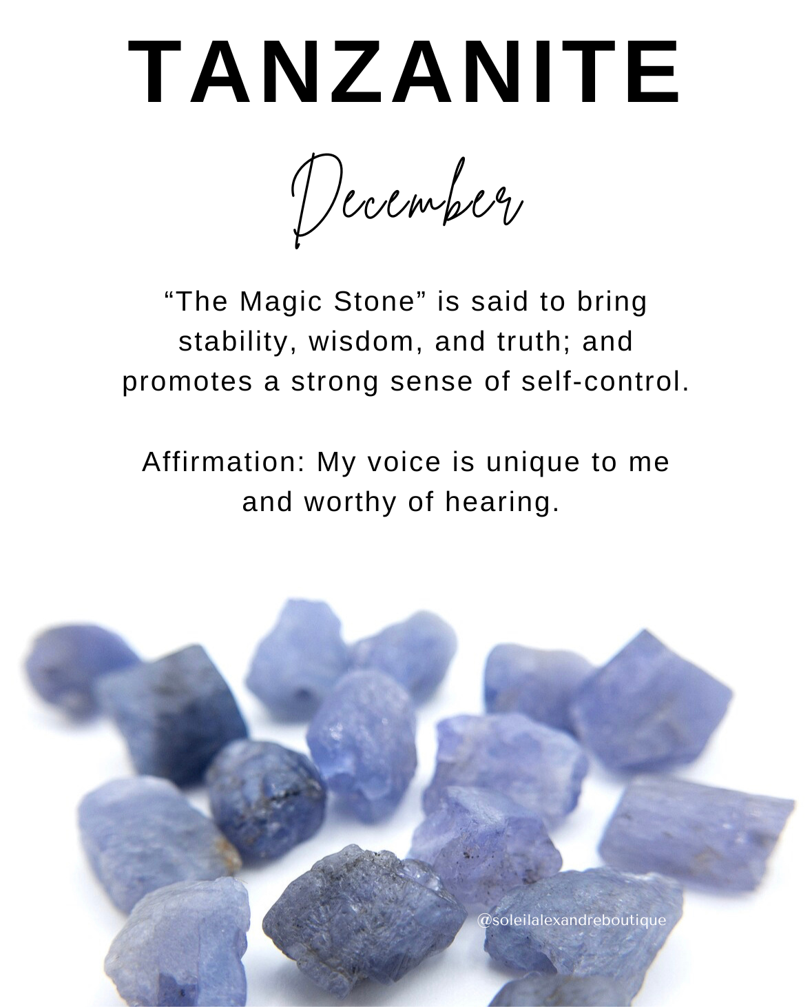 Tanzanite information card with affirmation.