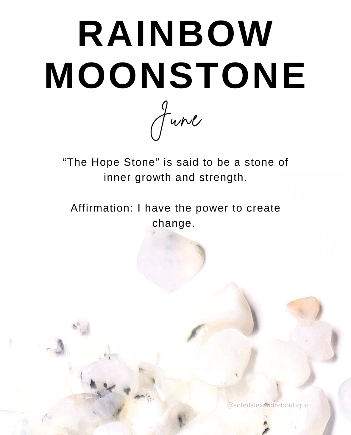 Rainbow Moonstone information card with affirmation.