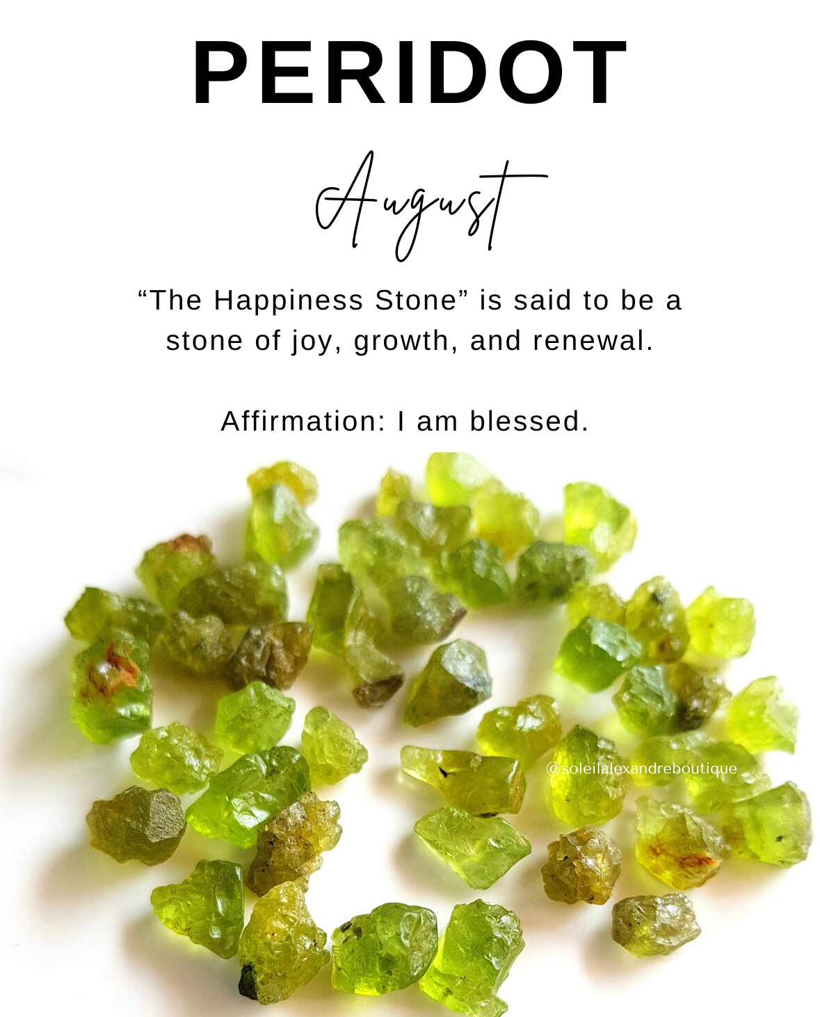 Peridot information card with affirmation.