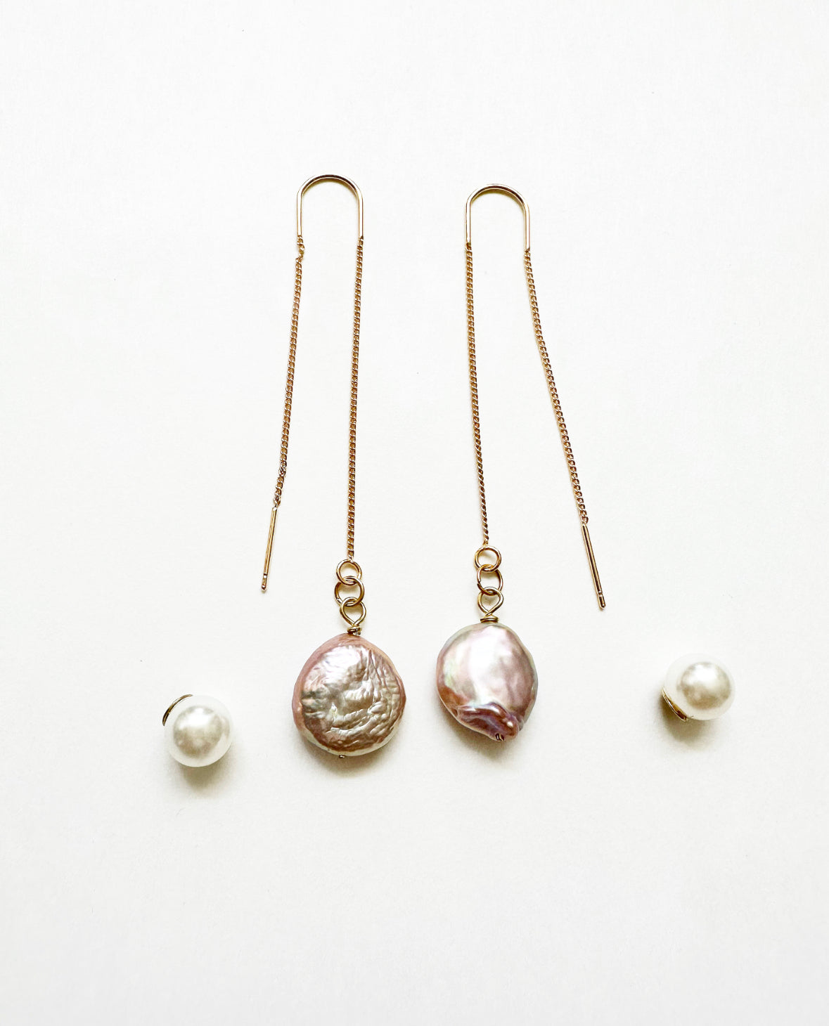 Full view of our Adorn Earrings with faux pearl hypoallergenic stoppers.