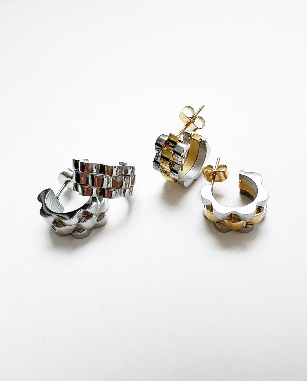 Alternate photo of our B+B Hoops in Silver and Two-Toned Silver & Gold.